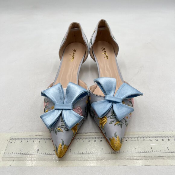 XYD Blue Flower Embroidery D'Orsay Kitten Heel Bridal Bowknot Pumps Elegant Shoe - Picture 3 of 8